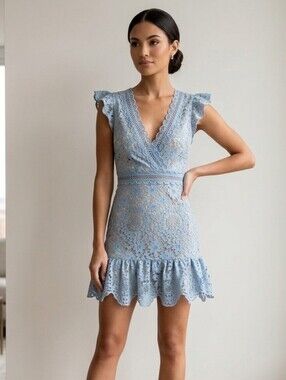 Just Me Dress Small Blue Floral Crochet Tiered Boho Revival Ethereal Angelic